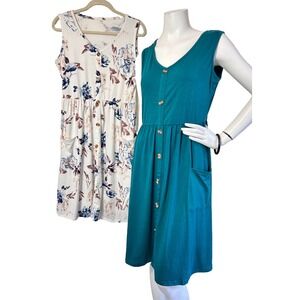 NEW Set of 2 Molerani Size Large Women's Sleeveless Dress Pocket Floral & Solid